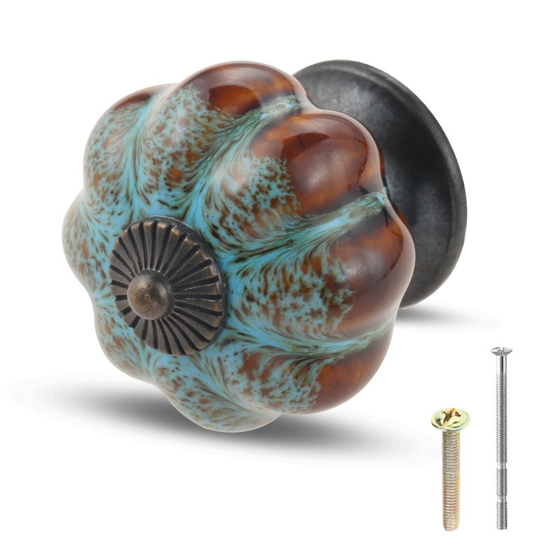 Mgoodoo 1.57'' Pumpkin Knobs, Ceramic Cabinet Knobs for Dresser Drawer Antique Drawer Pulls Decorative Knobs for Closet Cupboard Door Kitchen Furniture Hardware Handles Pulls Blue - Image 1